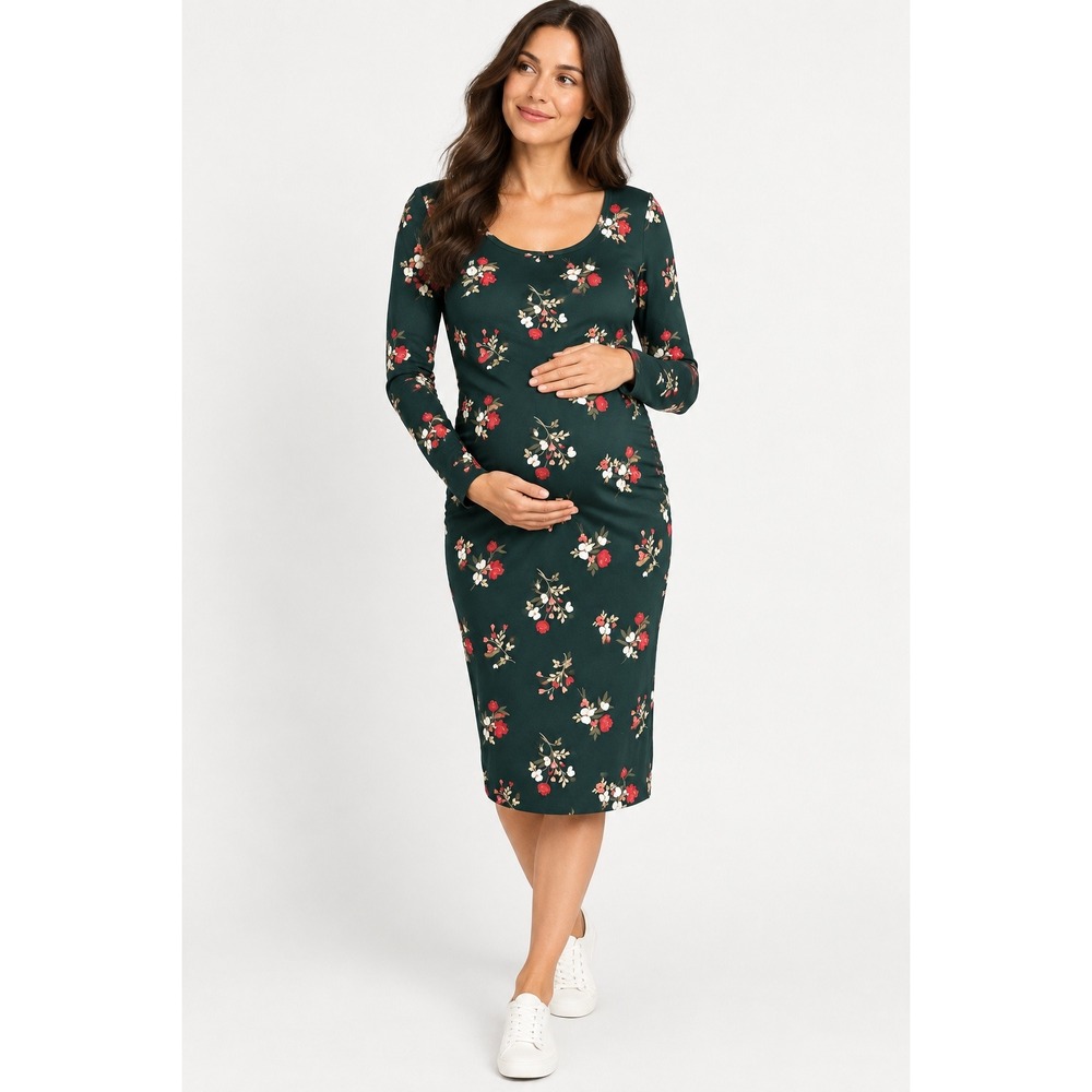 Old Navy Maternity Floral Fitted Midi Dress M Green Long Sleeve NWT